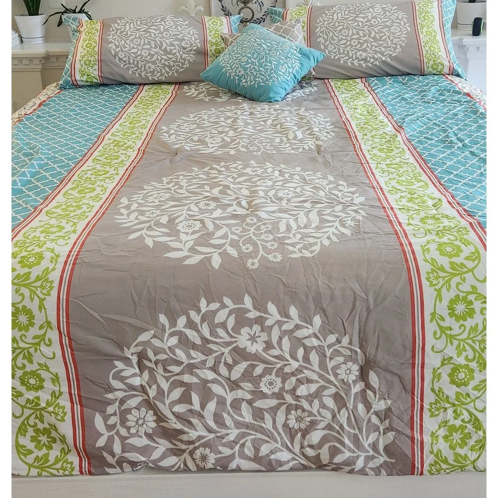 5 Pc Reversible King Comforter Set Floral Vine & Lattice Blue Gray Design